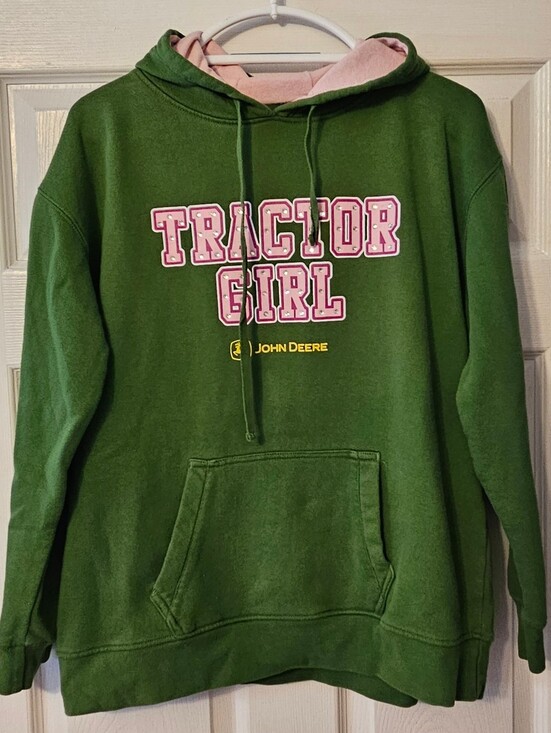 John Deere Green Hoodie with Pink Lined Hood - "Tractor Girl" L